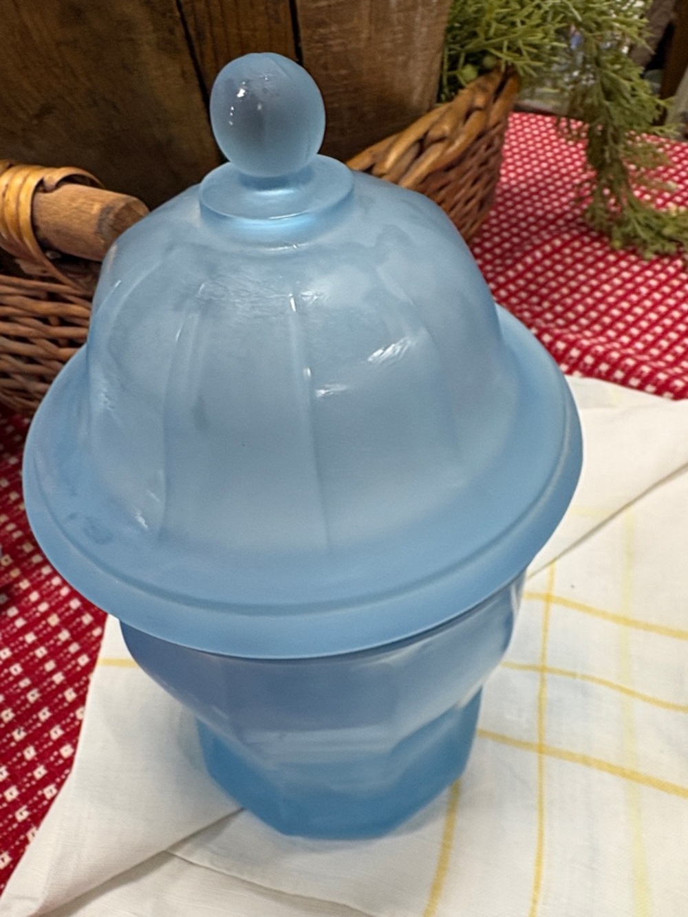 Vintage Indiana Glass Blue Satin Frosted Biscuit Candy Apothecary Jar w/ Lid 10" - Picture 2 of 5